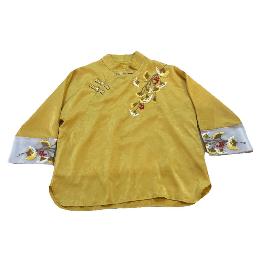 Rui Xin Bei Er Satin Hanfu Cheongsam Pearl Buttons Blouse Yellow Embroidered